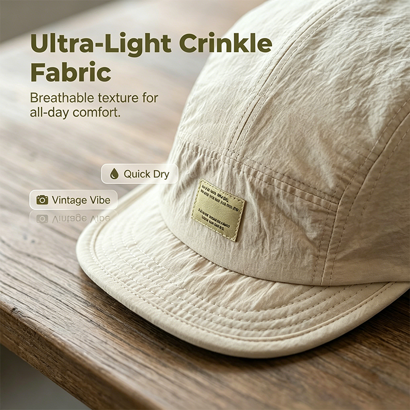 Short Brim Packable Cap – 5-Panel Urban Hat, Lightweight Crinkle Fabric, Foldable & Soft Top, Casual Streetwear Unisex