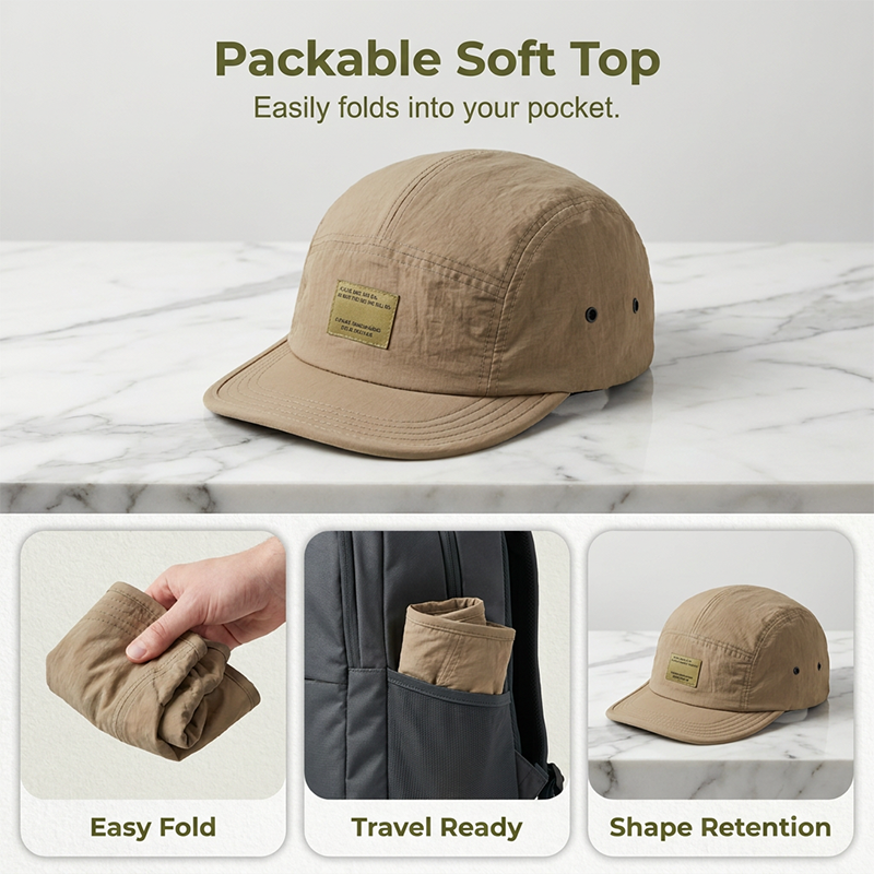 Short Brim Packable Cap – 5-Panel Urban Hat, Lightweight Crinkle Fabric, Foldable & Soft Top, Casual Streetwear Unisex