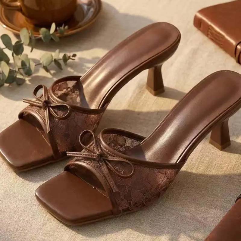 Women's Lace Heeled Sandals with Bow Accent