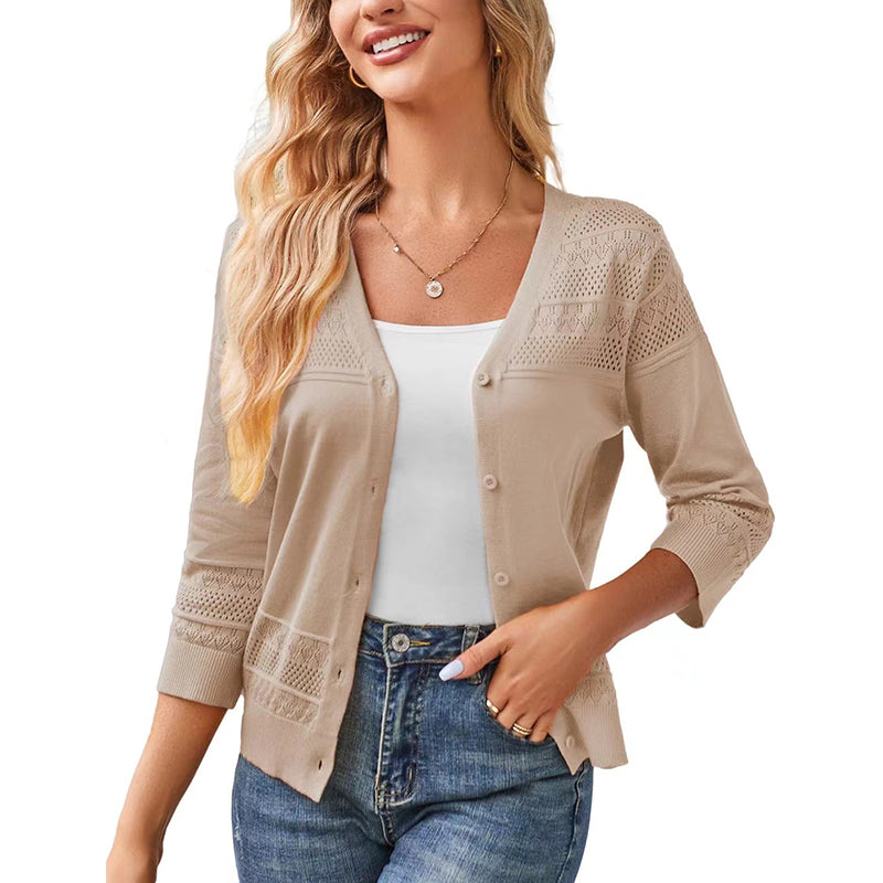 Women's V Neck Hollow Knit Cardigan
