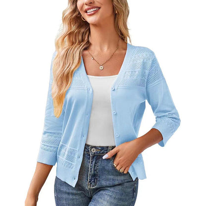 Women's V Neck Hollow Knit Cardigan