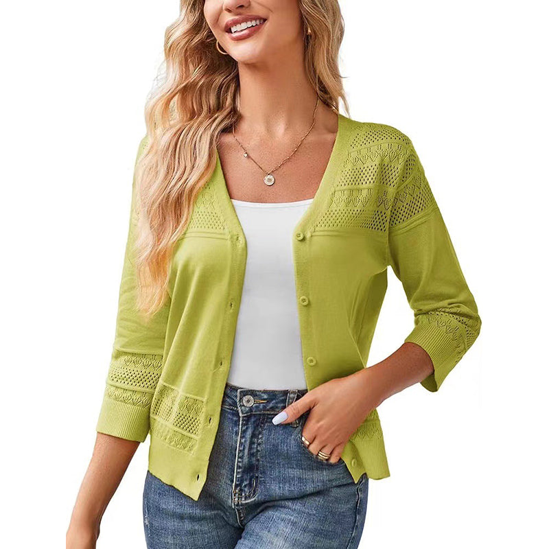 Women's V Neck Hollow Knit Cardigan