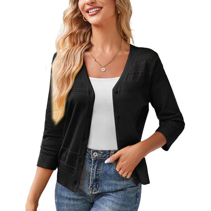 Women's V Neck Hollow Knit Cardigan