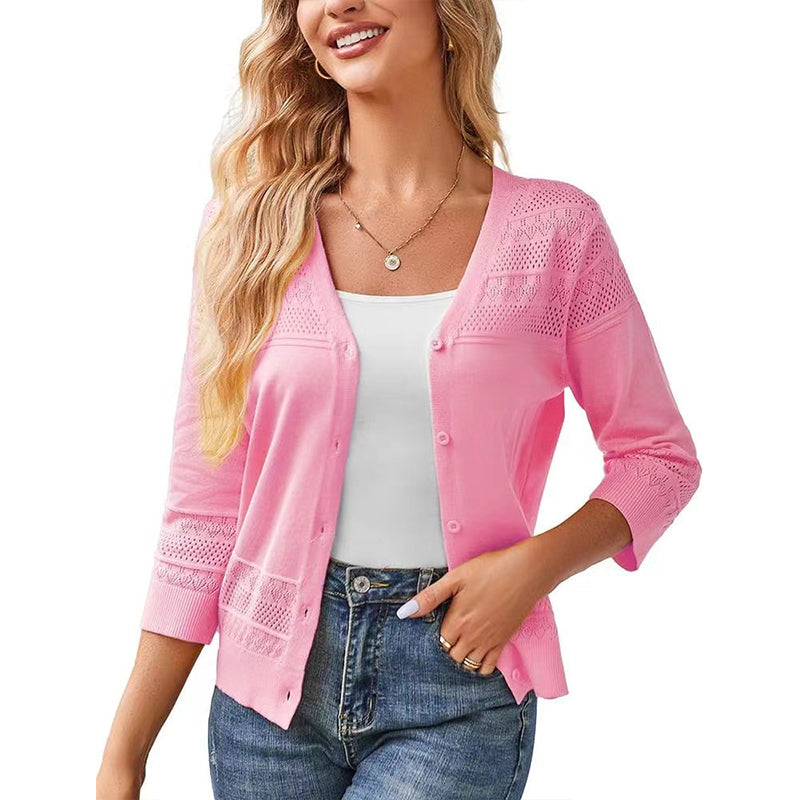 Women's V Neck Hollow Knit Cardigan
