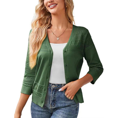 Women's V Neck Hollow Knit Cardigan