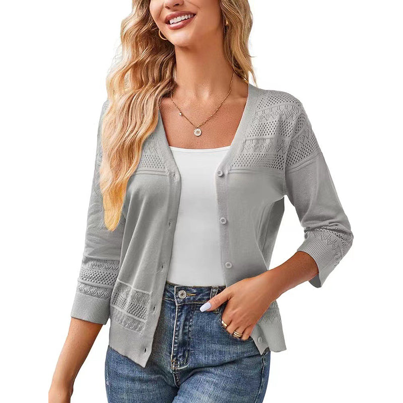 Women's V Neck Hollow Knit Cardigan