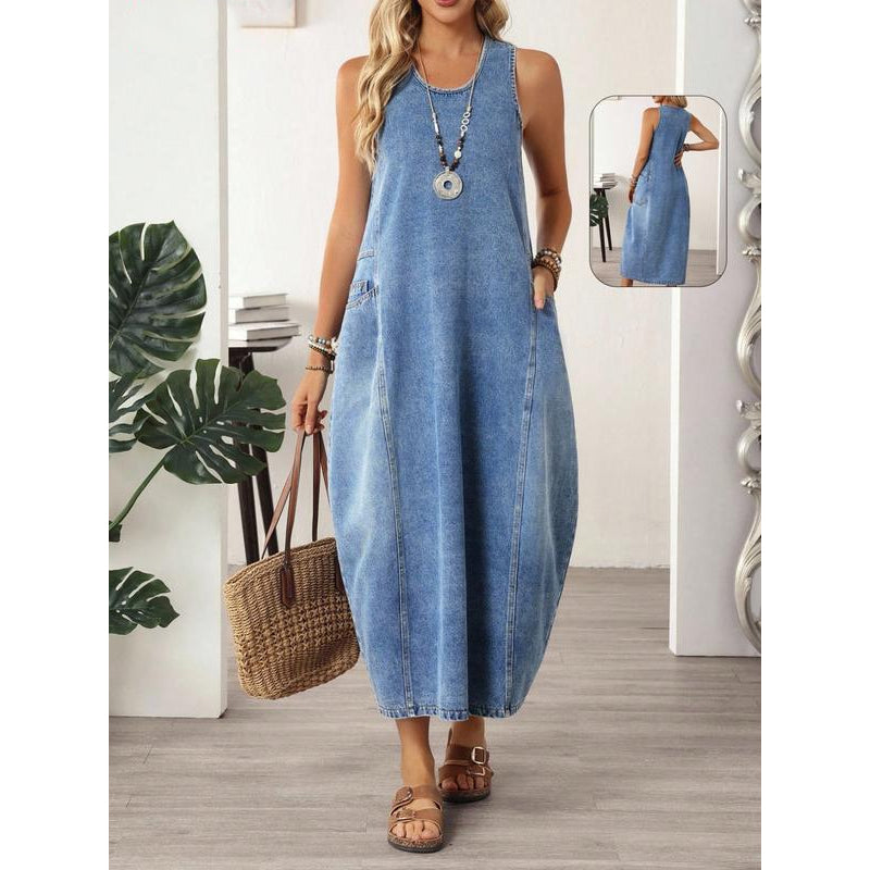 🔥Women's Sleeveless Maxi Denim Dress with Pockets