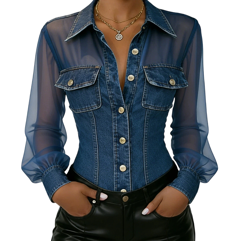 Women's Mesh Patchwork Denim Top