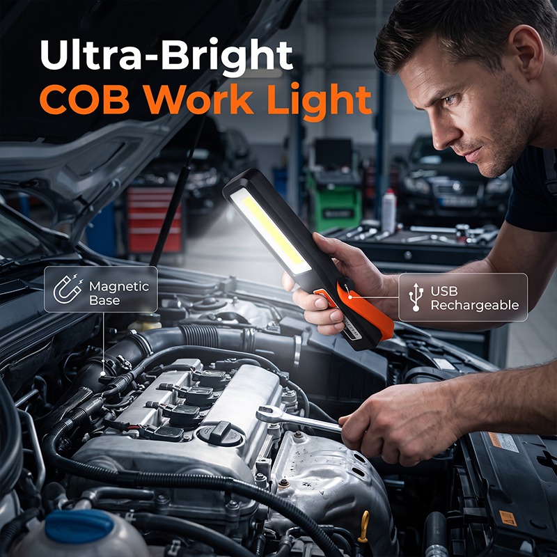 🔦 Ultra-Bright COB Work Light – Rechargeable Magnetic LED Work Light with Folding Stand for Garage & Car Repairs
