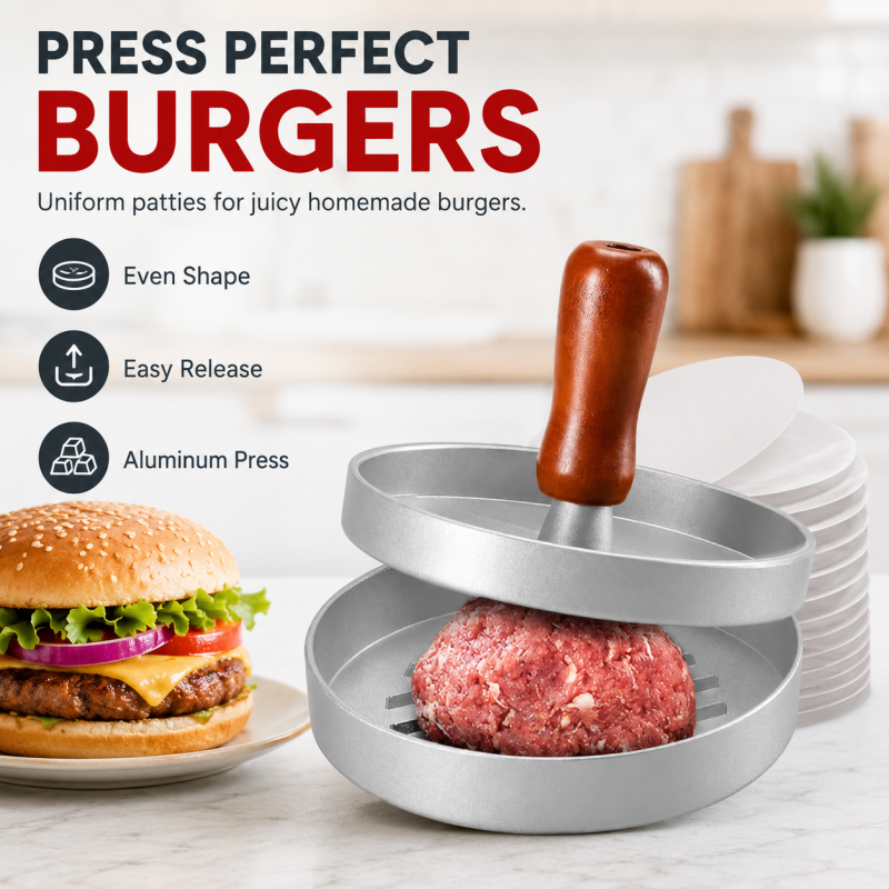 🍔 Burger Press with Wooden Handle – Perfect Patties Made Easy 🔥