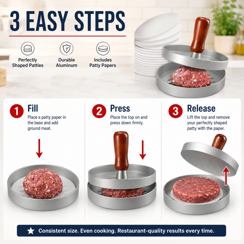 🍔 Burger Press with Wooden Handle – Perfect Patties Made Easy 🔥