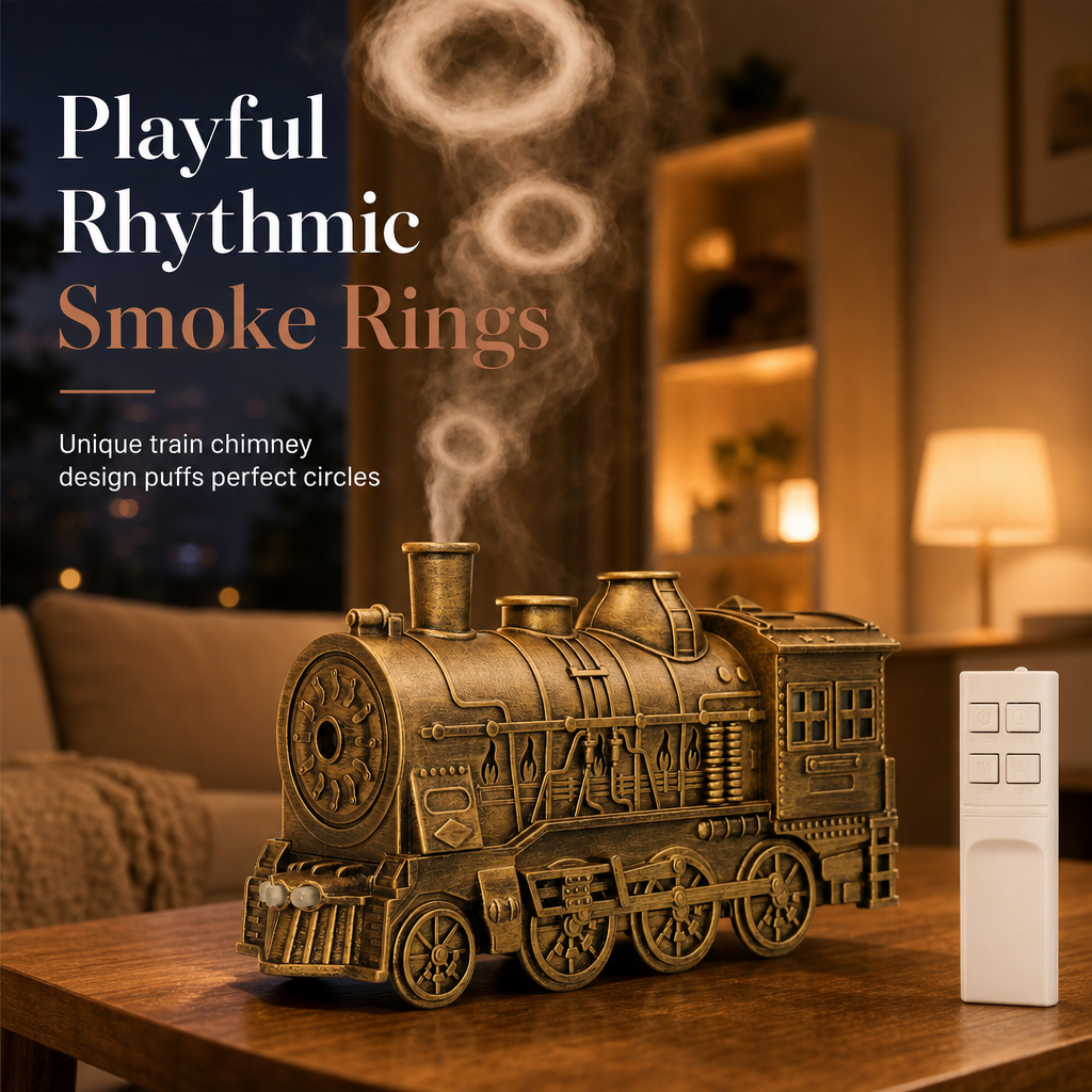 🚂 Vintage Train Diffuser – Mist Rings & Cozy Flame Light