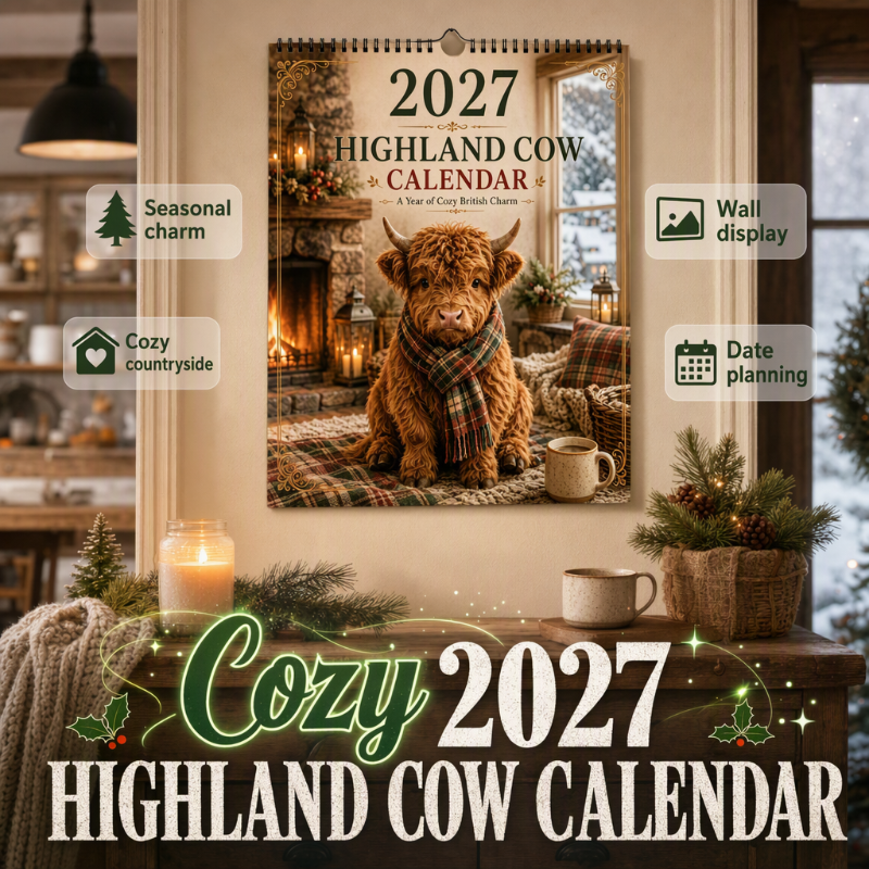 🐮 2027 Highland Cow Wall Calendar – Cozy Farmhouse Decor for Your Home