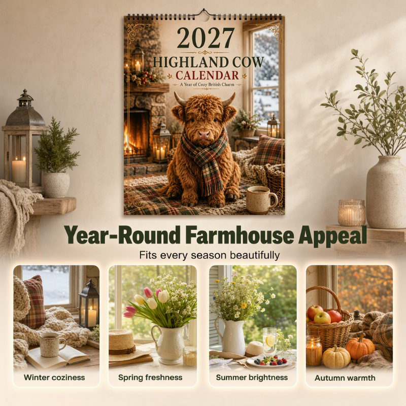 🐮 2027 Highland Cow Wall Calendar – Cozy Farmhouse Decor for Your Home