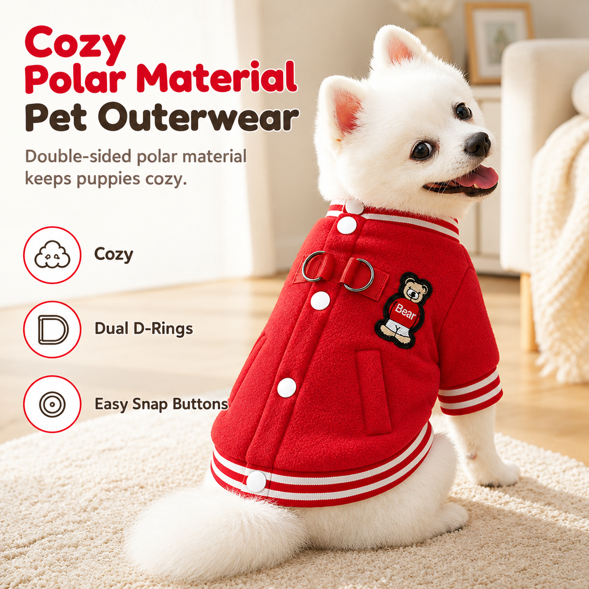 🐶 Plush Dog Jacket with Built-In Leash Rings – Cozy Pet Outerwear